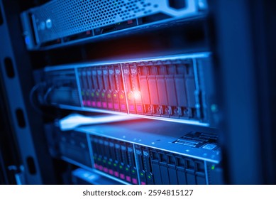 This image captures a close-up of a server rack in a data center, showcasing active LED indicators in a mesmerizing blue light, symbolizing technology and connectivity.