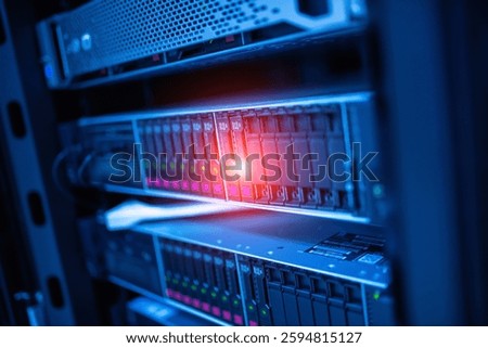 This image captures a close-up of a server rack in a data center, showcasing active LED indicators in a mesmerizing blue light, symbolizing technology and connectivity.