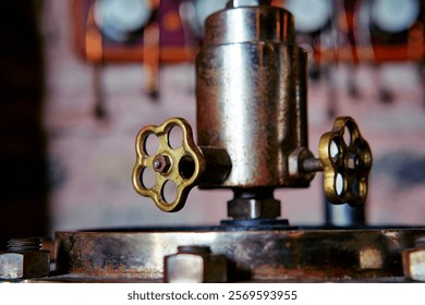 This image captures a close-up view of a vintage industrial valve, showcasing its intricate brass details and steampunk aesthetic, perfect for themes of engineering and industrial design.