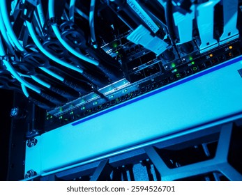 This image captures a close-up view of a server setup with illuminated cables and components, showcasing a modern technological environment focused on data management and processing.