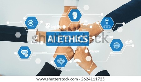 This image captures a collaborative approach to AI ethics, showcasing hands united around key concepts like safety, privacy, legality, and deployment for responsible tech advancement. Amity