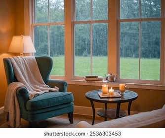  This image captures a cozy reading nook beside a rain-streaked window, perfect for relaxation on a rainy day. A teal armchair with a soft beige throw invites comfort, while a nearby wooden table - Powered by Shutterstock