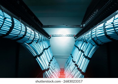 This image captures a dynamic perspective of network cables in a data center, showcasing modern technology and communication infrastructure with vibrant blue lighting.