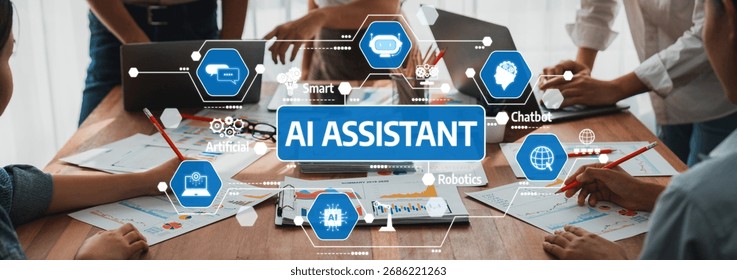 This image captures a dynamic teamwork environment focused on AI assistant technologies, showcasing various devices and innovative ideas for digital collaboration. Amity