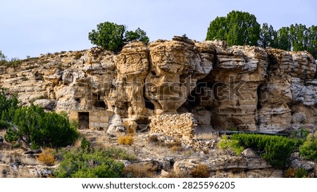 This image captures Eastern Pageant Canyon in the northwestern part of Cimarron County, Oklahoma. The area is known for annual theatrical performances reenacting the Easter story. In the background are characteristic sandstone rock formations typical of the region. A cholla grows in the left foreground, while the landscape consists of dry grass and rocky hills.