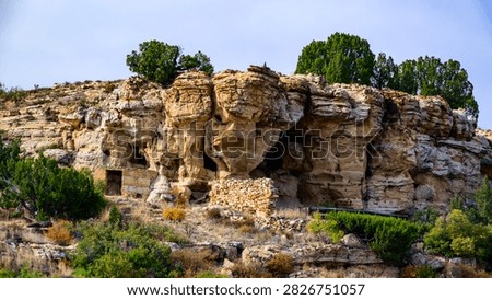 This image captures Eastern Pageant Canyon in the northwestern part of Cimarron County, Oklahoma. The area is known for annual theatrical performances reenacting the Easter story. In the background are characteristic sandstone rock formations typical of the region. A cholla grows in the left foreground, while the landscape consists of dry grass and rocky hills.