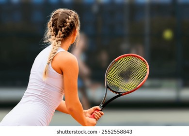 This image captures a female tennis player in action, seen from behind. She is holding a tennis racket, preparing for a shot during a match. Her braided hair and sporty outfit highlight the athletic. - Powered by Shutterstock