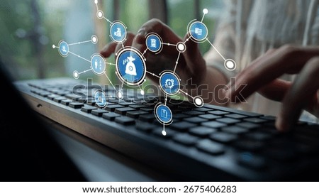This image captures hands typing on a keyboard, overlaid with digital icons and symbols representing data visualization, connectivity, and modern technology interactions. Tessel