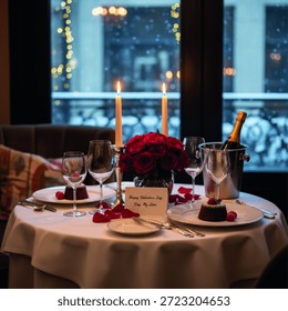This image captures an intimately set table for a romantic candlelit dinner, perfect for Valentine's Day or an anniversary. The white tablecloth is adorned with scattered red rose petals, two tall lit candles in a silver candelabra, and a lush bouquet of red roses at the center. Two wine glasses stand ready, alongside elegant white plates each holding a delectable chocolate dessert garnished with raspberries. A bottle of champagne chills in a silver ice bucket, adding to the celebratory atmosphere. A heartfelt card wishing 'Happy Valentine's Day, My Love' further emphasizes the romantic occasion. The soft glow of the candles and blurred lights in the background create a warm, inviting, and luxurious ambiance, ideal for a special couple's evening.