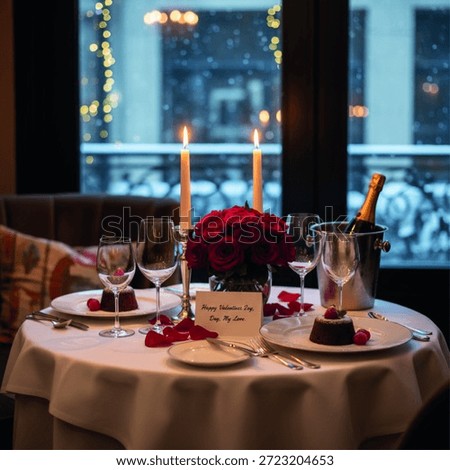 This image captures an intimately set table for a romantic candlelit dinner, perfect for Valentine's Day or an anniversary. The white tablecloth is adorned with scattered red rose petals, two tall lit candles in a silver candelabra, and a lush bouquet of red roses at the center. Two wine glasses stand ready, alongside elegant white plates each holding a delectable chocolate dessert garnished with raspberries. A bottle of champagne chills in a silver ice bucket, adding to the celebratory atmosphere. A heartfelt card wishing 'Happy Valentine's Day, My Love' further emphasizes the romantic occasion. The soft glow of the candles and blurred lights in the background create a warm, inviting, and luxurious ambiance, ideal for a special couple's evening.