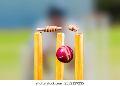 This image captures a key moment in cricket, showing a red leather cricket ball striking the stumps, dislodging the bails. The blurred background suggests an outdoor field and adds focus to action. - Powered by Shutterstock