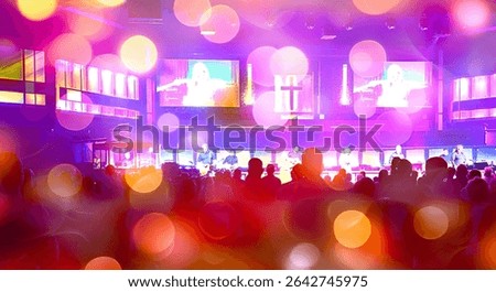 This image captures a large indoor event space filled with people standing; crowd, modern worship service, Christian