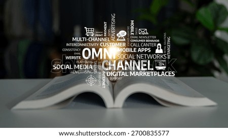 This image captures an open book with words emphasizing omnichannel marketing and digital strategies, representing innovation in advertising and consumer engagement in business. Tessel