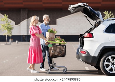 This image captures a senior married couple returning to their car with a shopping cart full of groceries, showing their ability to remain self-sufficient - Powered by Shutterstock