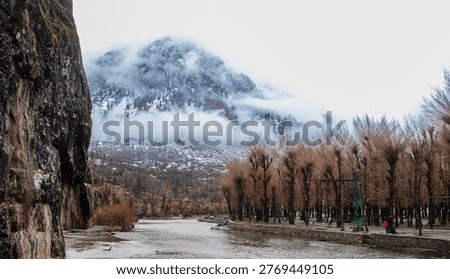 This image captures a serene, wintry landscape featuring a wide river flowing through a valley toward a majestic, cloud-shrouded mountain. The scene is dominated by cool tones and a quiet, overcast atmosphere.

The composition uses the river as a leading line, drawing the eye from the foreground toward the misty mountain. The contrast between the heavy, dark rock on the left and the delicate, repetitive vertical lines of the trees on the right creates a balanced but dynamic frame. The overall mood is cold, still, and somewhat mysterious due to the heavy fog.