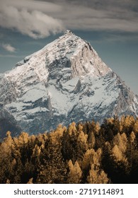This image captures a stunning view of a snow-capped mountain peak towering above a forest of trees displaying vibrant autumn colors. The sky above is partly cloudy, with soft sunlight illuminating the scene, highlighting the rugged texture of the mountain and the golden hues of the foliage below. The contrast between the white snow and the warm tones of the forest creates a breathtaking natural landscape.