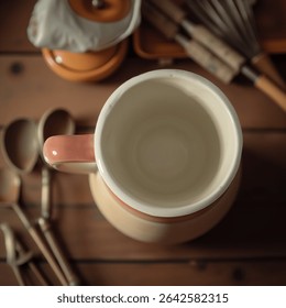 This image captures a top-down view of the same ceramic mug with a pink handle, this time sitting inside a larger matching pitcher or container. Surrounding the mug are vintage-style kitchen utensils.
