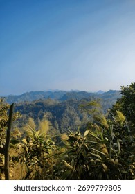 This image captures a vast, panoramic view of a lush, rolling hilly landscape under a clear sky.