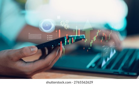 This image conveys the integration of artificial intelligence with data analytics and financial technology, highlighting smart investment, trading automation, data-driven decision-making in real time