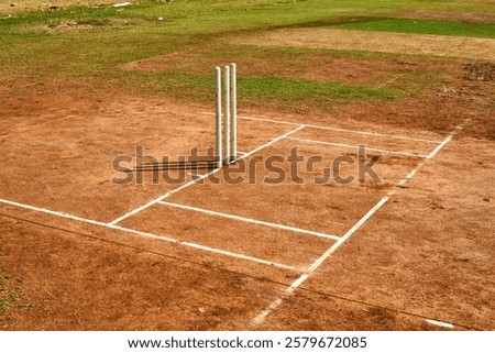 This is an image of a cricket pitch with marked creases and stumps in place. Would you like to know more about cricket pitch markings or something related to this image?
