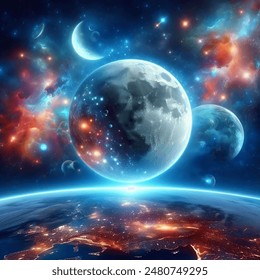 This image depicts the beauty and mystery of the universe, featuring a moon prominently floating in the center. Surrounding it are planets and bright stars set against a backdrop filled with colorful  - Powered by Shutterstock