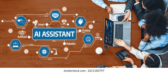 This image depicts a collaborative workspace featuring AI assistant technology, highlighting integration of smart tools, chatbot functions, and diverse professionals engaged in discussions. Amity