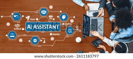 This image depicts a collaborative workspace featuring AI assistant technology, highlighting integration of smart tools, chatbot functions, and diverse professionals engaged in discussions. Amity