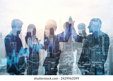 This image depicts silhouetted figures engaged in a business discussion with digital financial graphs overlaid, symbolizing data analysis and corporate strategy