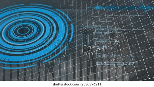 This image is a digital image of a glowing blue scope scanning and processing data over a grid the image is a global science, connections, data processing and digital interface concept the image shows