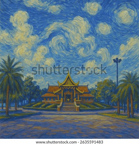 This image is a digitally generated oil painting in the style of Vincent van Gogh’s The Starry Night. It features a prominent Thai stupa (chedi) set under a dramatic, swirling sky painted in vivid blu