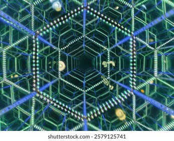 This image displays a mesmerizing, kaleidoscopic pattern of illuminated hexagonal and geometric grid structures, creating an infinite optical illusion.