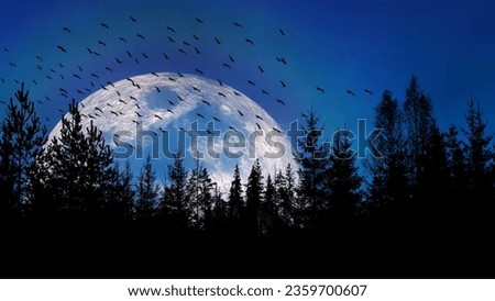 This image encapsulates the enigmatic and magical allure of the night, where the big moon and the flight of countless black birds create a scene that is both haunting and poetic. 