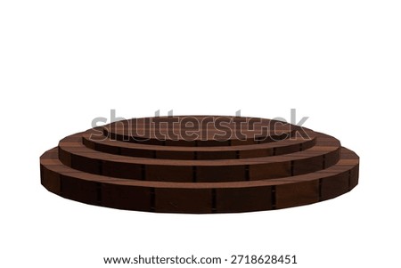 This image features a 3D rendering of a set of concentric wooden platforms. The platforms are circular in shape and vary in size, with the largest at the bottom and the smallest at the top. They are made of dark brown wood and have a simple, minimalist design. The platforms are set against a plain white background, which helps to highlight their texture and structure. The image could be used to showcase a product, demonstrate a concept, or add visual interest to a presentation or exhibition.