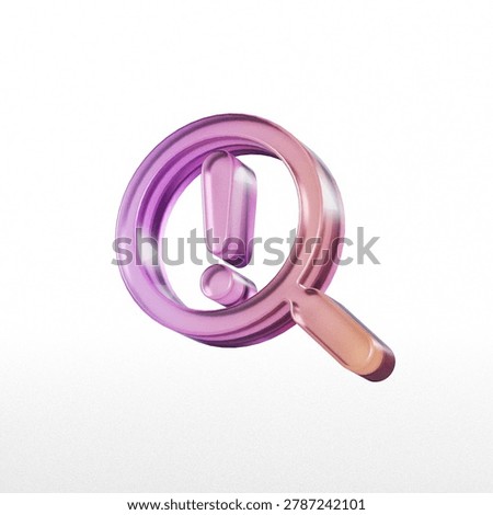 This image features a 3d rendering of a magnifying glass containing an exclamation mark, with an iridescent finish and light