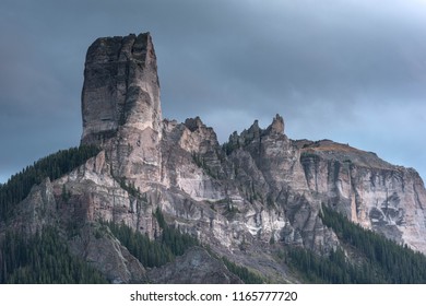 This image features both Chimney Rock and Courthouse Peak in summer. The  rock formations can be seen prominently from Ridgway,Colorado.