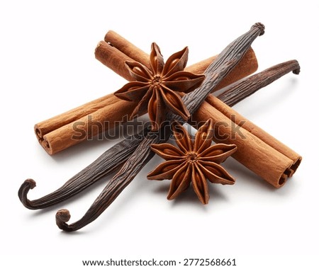 This image features a carefully arranged selection of cinnamon sticks star anise and vanilla beans on a clean white background. The ingredients are commonly used in baking and cooking to add flavor and fragrance to various dishes. The image is ideal for use in culinary contexts such as cookbooks recipes or food blogs to illustrate the use of these ingredients in gourmet cuisine and sweet treats.