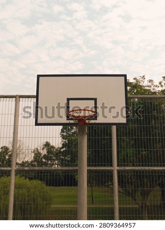 This image features a centered, straight-on view of an outdoor basketball hoop set against a natural backdrop.

