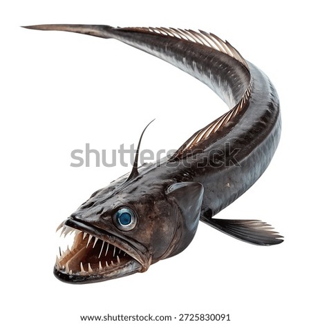 This image features a close-up of an anglerfish with its mouth open revealing sharp teeth. The fish has a dark brown color with a distinctive shape and a blue eye. It is set against a plain white background which highlights its features. Anglerfish are known for their unique appearance and are found in oceans worldwide often at great depths. They have large teeth and a mouth that appears to be constantly open as if ready to strike.