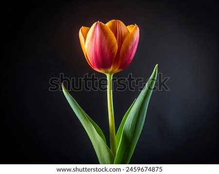 This image features a close-up of two tulip flowers, one red and one orange, with their stems and green leaves. They are set against a black background.