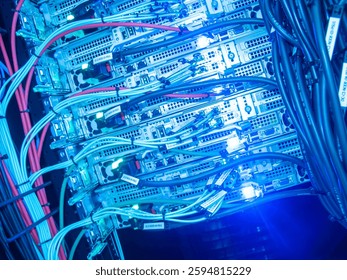 This image features a close-up view of a server rack equipped with blue LED lights and colorful cables, showcasing modern data processing technology and infrastructure.