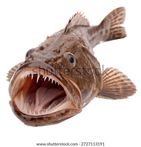This image features a close-up view of a large brown fish with sharp teeth and an open mouth. The fish is positioned against a plain white background, drawing attention to its detailed texture and features. The photograph showcases the fish's distinctive appearance, including its sharp teeth and expressive eyes. The image appears to be a studio shot, highlighting the fish's natural beauty and intricate details. The overall effect is a striking and detailed representation of marine life.