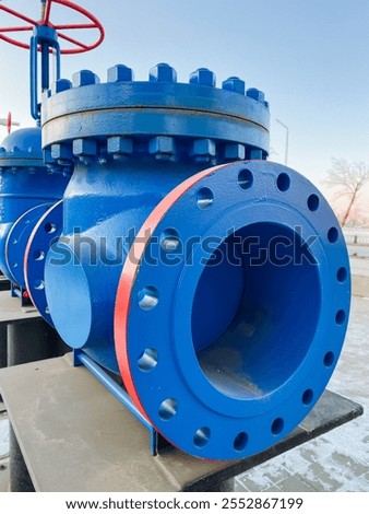 This image features a detailed closeup view of a bluecolored pipe, which is prominently connected to a striking red flange, highlighting the intricate design and materials used in the construction