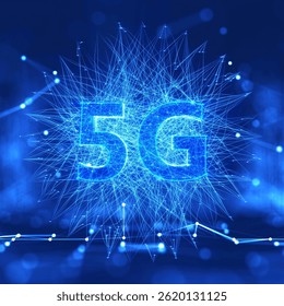 This image features a digital representation of the term "5G" in a bright blue color. The background consists of interconnected lines and dots, resembling a network or web, emphasizing the concept of 