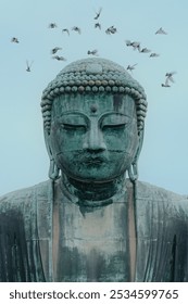 This image features a great Buddha of Kamakura, possibly for privacy or artistic effect, set against a pale blue sky with a flock of birds in flight. Ideal for projects on art, history,interiors