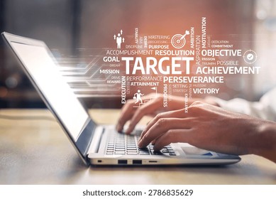 This image features hands typing on a laptop, surrounded by words representing achievement and motivation. It embodies focus, initiative, and goal accomplishment in a business context. Tessel