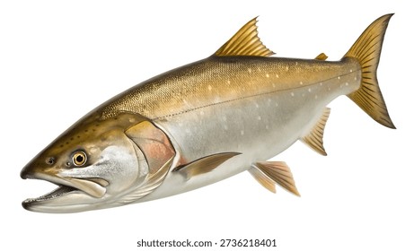 This image features a highly detailed and realistic illustration of a salmon fish. The fish is depicted in a swimming position with its mouth slightly open and is oriented to the left. The illustration showcases the salmon's distinctive features including its golden-brown and silver scales and fins. The plain white background helps to focus attention on the fish itself making it ideal for educational or informational purposes related to marine biology seafood or wildlife.