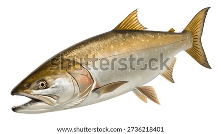 This image features a highly detailed and realistic illustration of a salmon fish. The fish is depicted in a swimming position with its mouth slightly open and is oriented to the left. The illustration showcases the salmon's distinctive features including its golden-brown and silver scales and fins. The plain white background helps to focus attention on the fish itself making it ideal for educational or informational purposes related to marine biology seafood or wildlife.