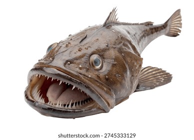 This image features a large brown fish with sharp teeth and an open mouth, showcasing its fearsome appearance.