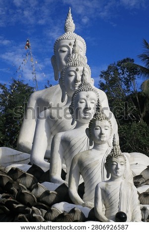 This image features a row of five white Buddha statues of descending sizes, a prominent landmark at Wat Nong Chik in the Khao Kram Subdistrict of Krabi, Thailand.