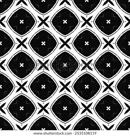 This image features a seamless black-and-white geometric pattern with intricate, interlocking shapes, creating a bold and elegant design suitable for wallpapers, textiles, or digital art projects.